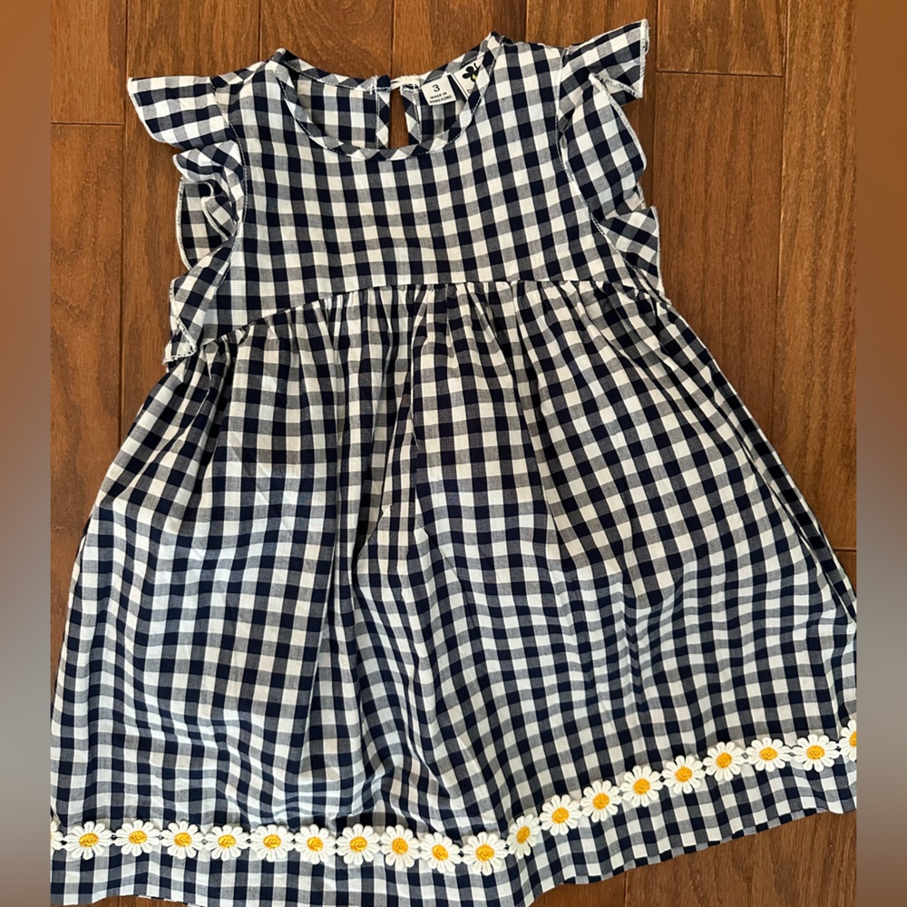 Busy bees flutter sleeve navy gingham dress with daisy trim, sz 3 EUC